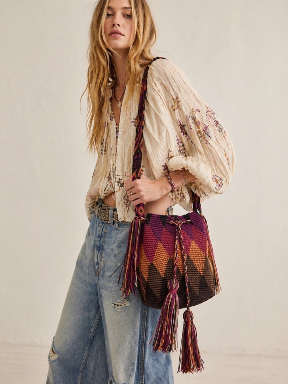 Handwoven Multicolor Tassel Fringe Boho Festive Bucket Bag Pink, Orange & Brown